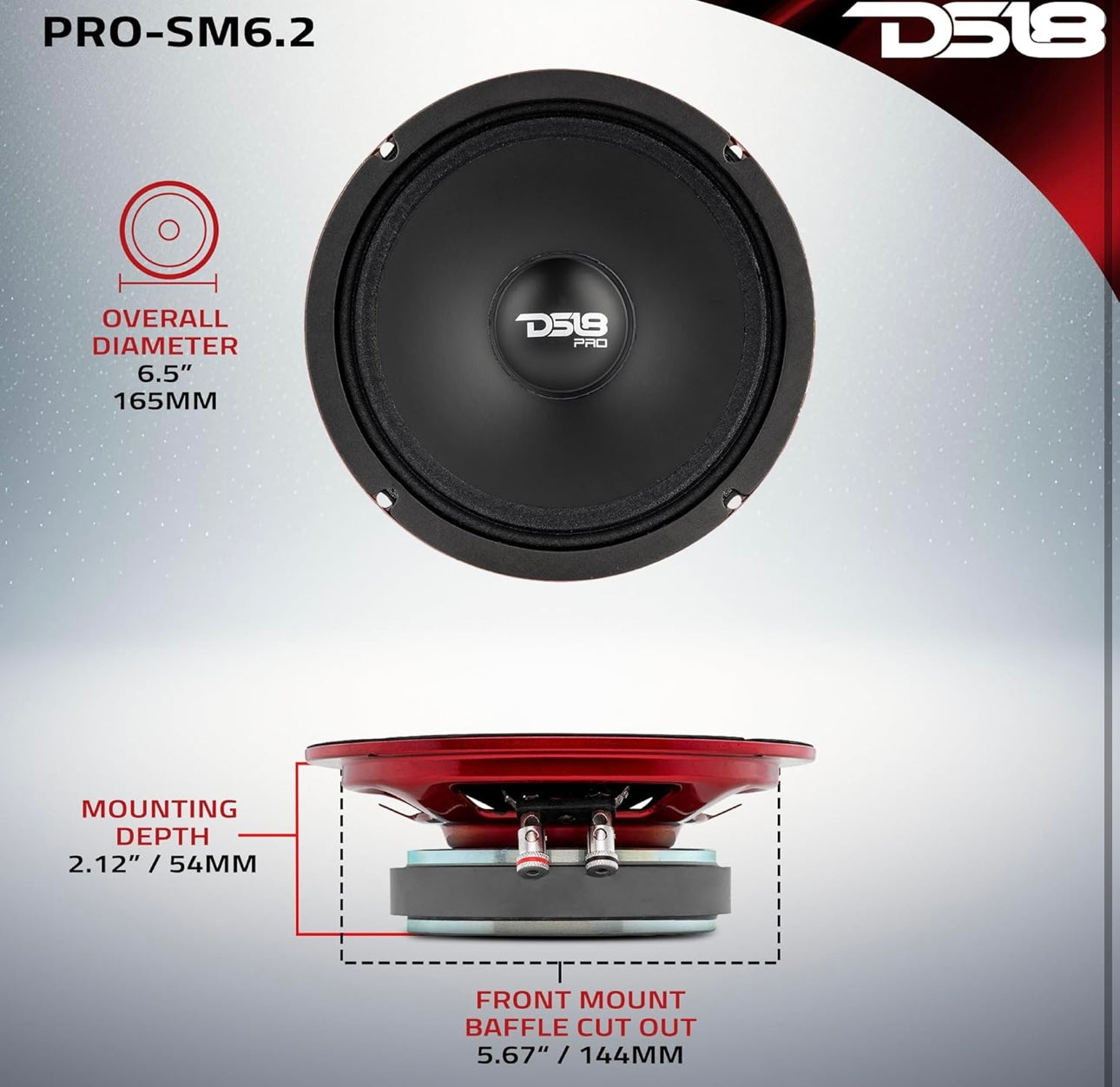 DS18 PRO-SM6.2 Slim Loudspeaker - 6.5", Midrange 400W Max Power 2 Ohms IP66 Water Resistance 1PC