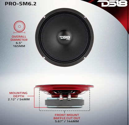 DS18 PRO-SM6.2 Slim Luidspreker - 6.5", Middeltoon 400W Maks Krag 2 Ohms IP66 Waterweerstand 1 STUK