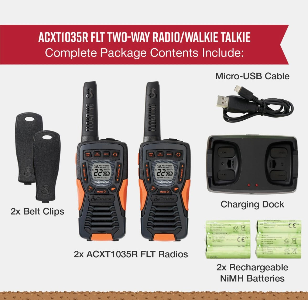 Cobra ACXT1035R FLT Drywende Walkie Talkies - Waterdig, Herlaaibaar, Lang Reeksafstand tot 37 Myl Twee-rigting Radio met NOAA Weerwaarskuwing & VOX, (2 Pak)