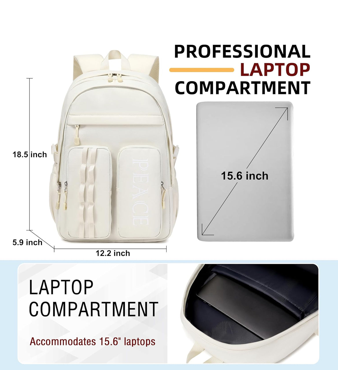 College Bookbag Laptop Backpacks 15.6 Inch Kids Elementary School Bag for Teens Girls Boys Water Resistant Sport Travel Back Pack Women Men Work Business Computer Rucksack Off White