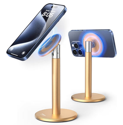 Magnetiese Telefoonstaander Volledig Aluminium, 360° Draaibaar vir Lessenaar met Metaalring, Verstelbare Houer met MagSafe-tas - Goud