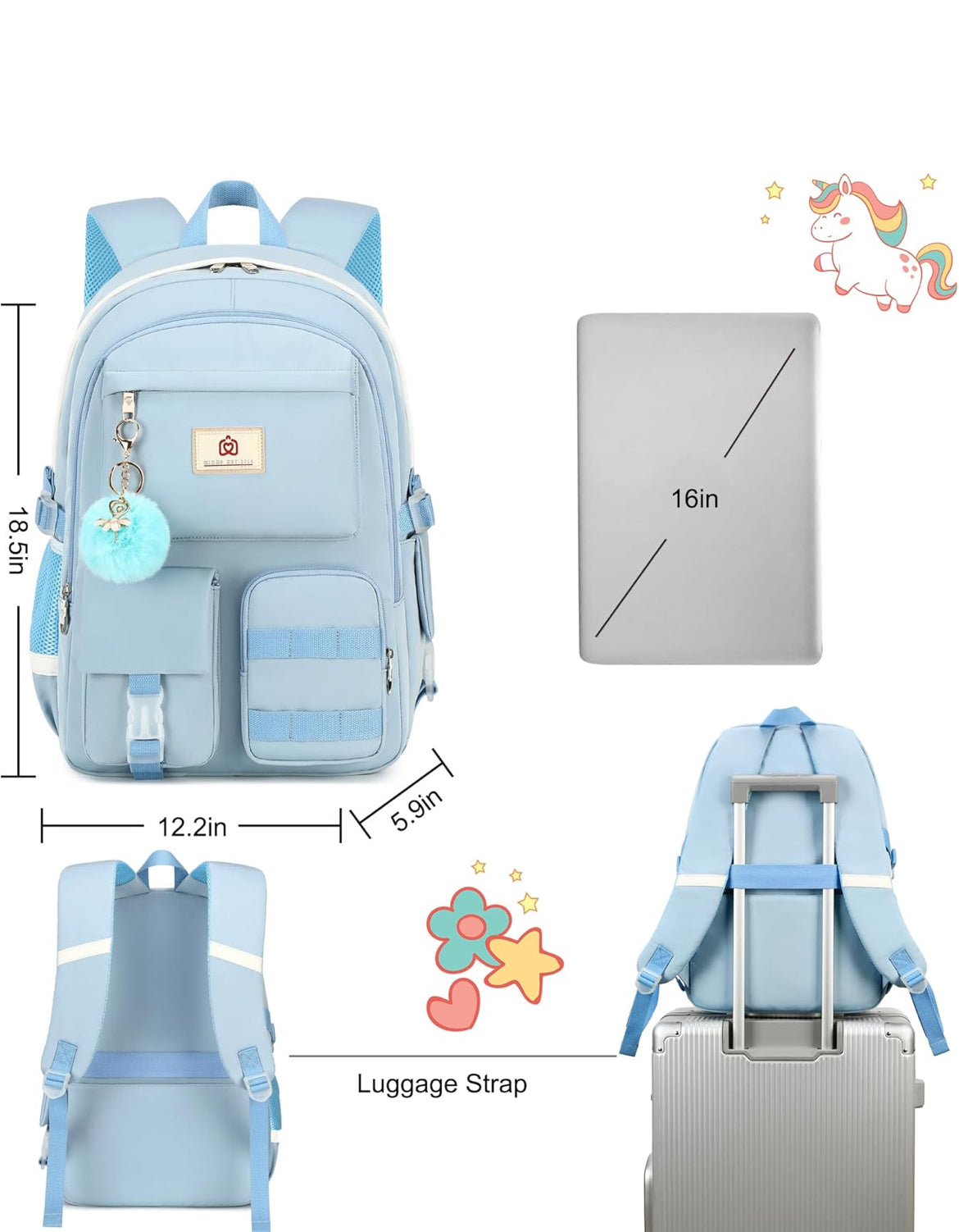 Backpack for girls Laptop Backpacks 15.6 Inch College Cute Bookbag Anti Theft Primary Elementary School Bag Casual Daypack for Teens Girl Women Students (Blue)