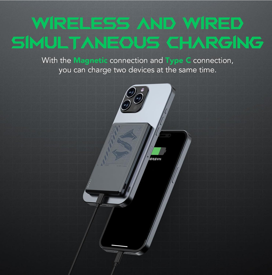 Black Shark Magnetic Power Bank, 5000mAh Wireless Portable Charger w/ USB-C Cable -Gray