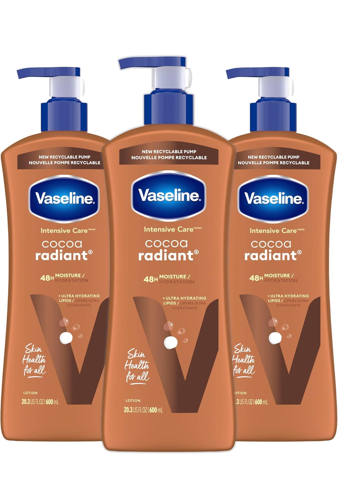 Vaseline Intensive Care Body Lotion Cocoa Radiant 3 count for Dry Skin Lotion Made with Ultra-Hydrating Lipids and Pure Cocoa Butter for a Long-Lasting, Radiant Glow 20.3 Oz