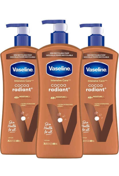 Vaseline Intensive Care Body Lotion Cocoa Radiant 3 count for Dry Skin Lotion Made with Ultra-Hydrating Lipids and Pure Cocoa Butter for a Long-Lasting, Radiant Glow 20.3 Oz