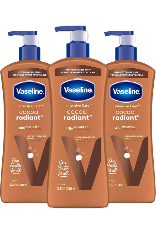 Vaseline Intensive Care Body Lotion Cocoa Radiant 3-pak vir droë velroom gemaak met ultra-hidrerende lipiede en suiwer kakao-botter vir 'n langdurige, stralende gloed 20.3 Oz