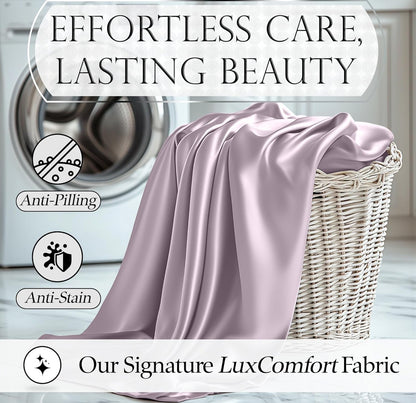 DECOLURE Satin Bed Sheets - 4 Piece Luxury Silky Queen Size Bedding Set - Softer Than Silk, Wrinkle-Free with 15” Deep Pocket Fitted Sheet, Perfect for Hair & Skin, Gifts for Women (Lavender)