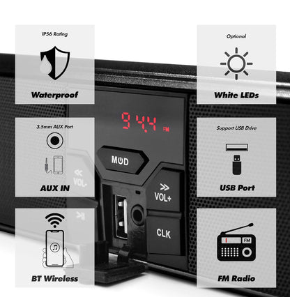 Bluetooth Motorcycle Speakers Waterproof with LED Light
Bluetooth/FM Radio/AUX/USB, 360°Adjustable Mount. Fits 7/8 to 1.25 inch handlebars for Harley, ATV, and UTV.