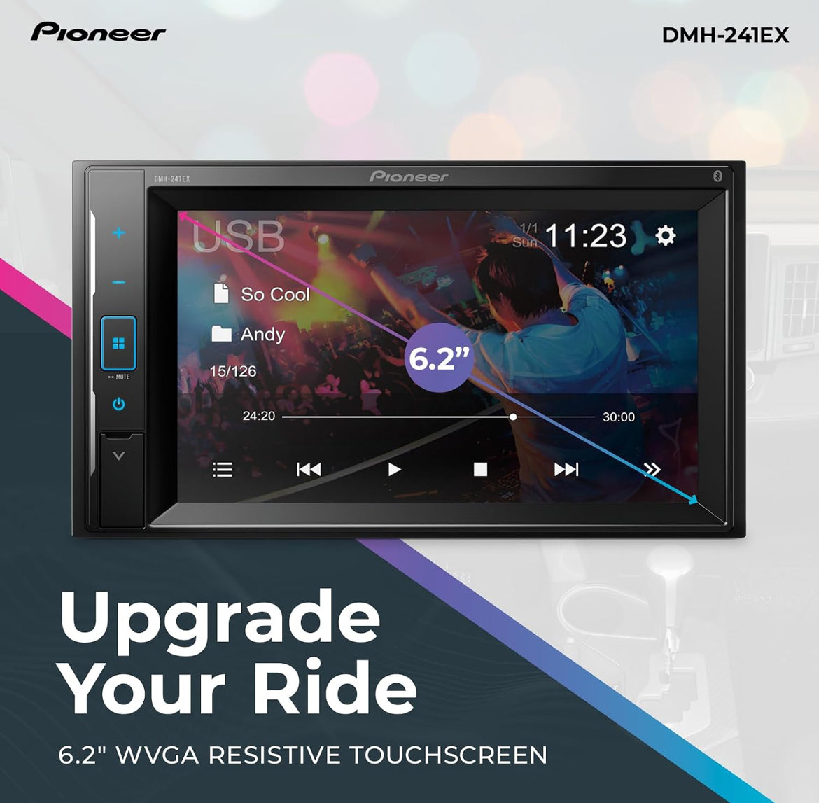 Pioneer DMH-241EX 6.2" Resistive Touchscreen Double Din Car Stereo
Digital Multimedia Receiver, Bluetooth, Backup Camera, AM/FM Radio, FLAC, USB, Short Chassis, 13-Band EQ, 50W x 4 Output