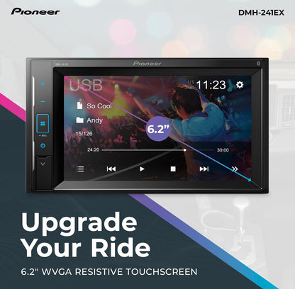Pioneer DMH-241EX 6.2" Resistive Touchscreen Double Din Car Stereo
Digital Multimedia Receiver, Bluetooth, Backup Camera, AM/FM Radio, FLAC, USB, Short Chassis, 13-Band EQ, 50W x 4 Output