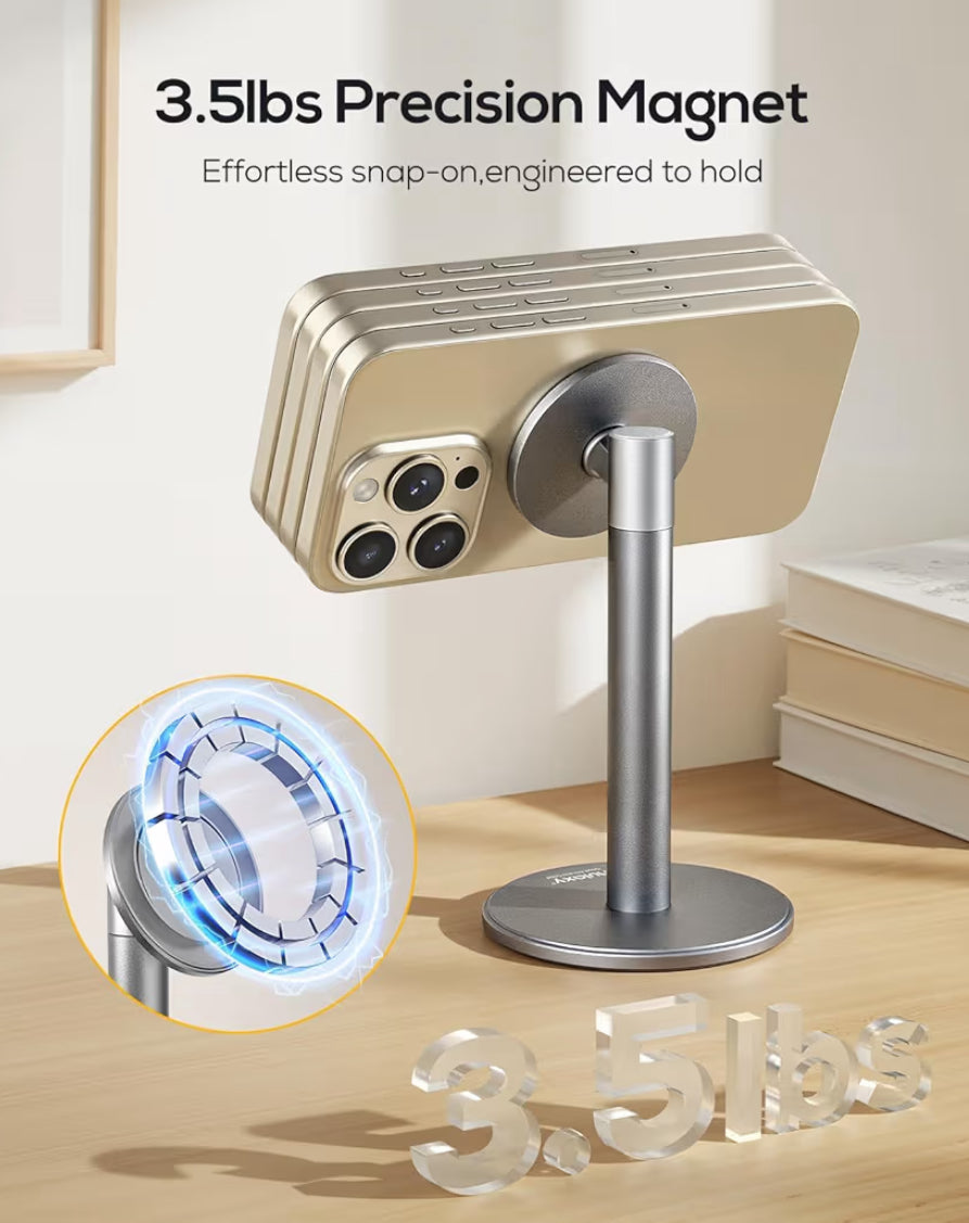 Magnetic Fully Aluminum Phone Stand, 360 Rotating for Desk w/ Metal Ring, Adjustable Holder with MagSafe Case - Silver