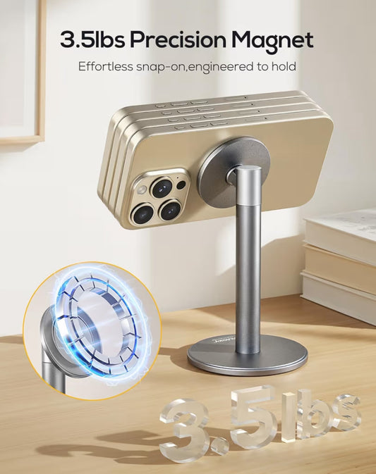 Magnetic Fully Aluminum Phone Stand, 360 Rotating for Desk w/ Metal Ring, Adjustable Holder with MagSafe Case - Silver