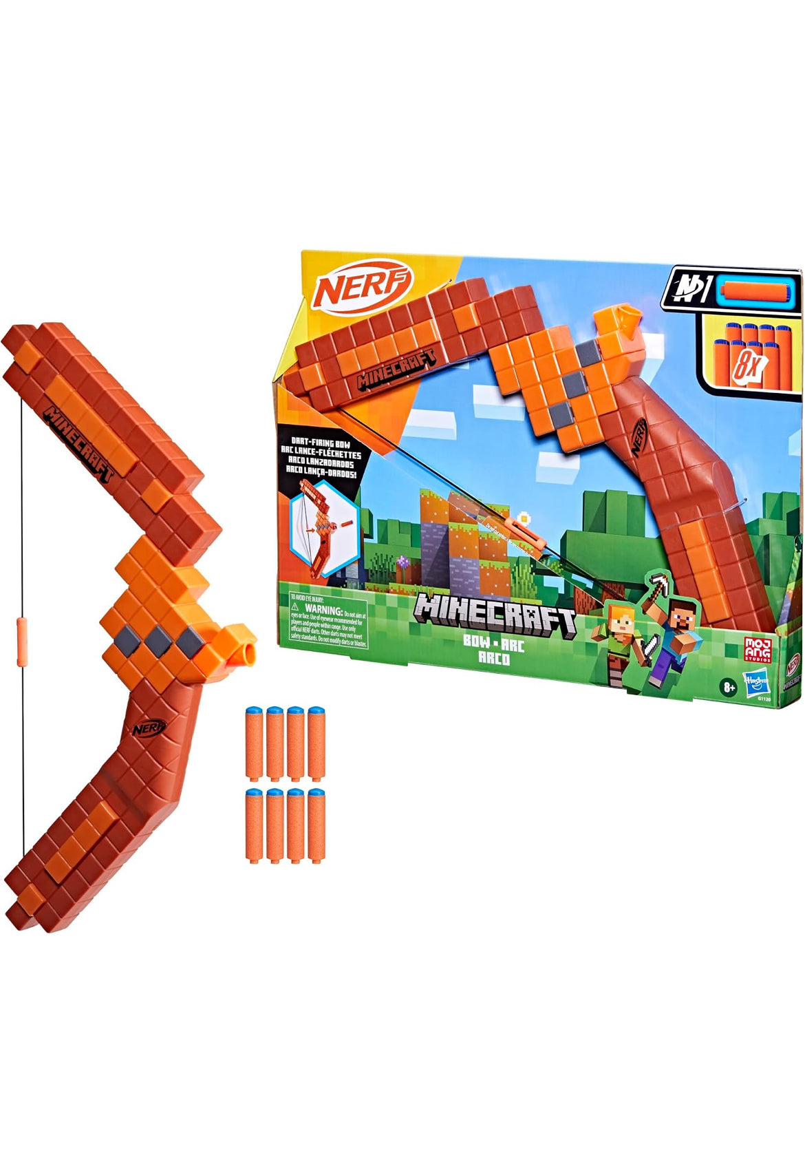 Nerf Minecraft Bow Dart Blaster, Pull-Back String Priming, 8 N1 Darts Compatible Only N1 Dart Blasters, Ages 8+