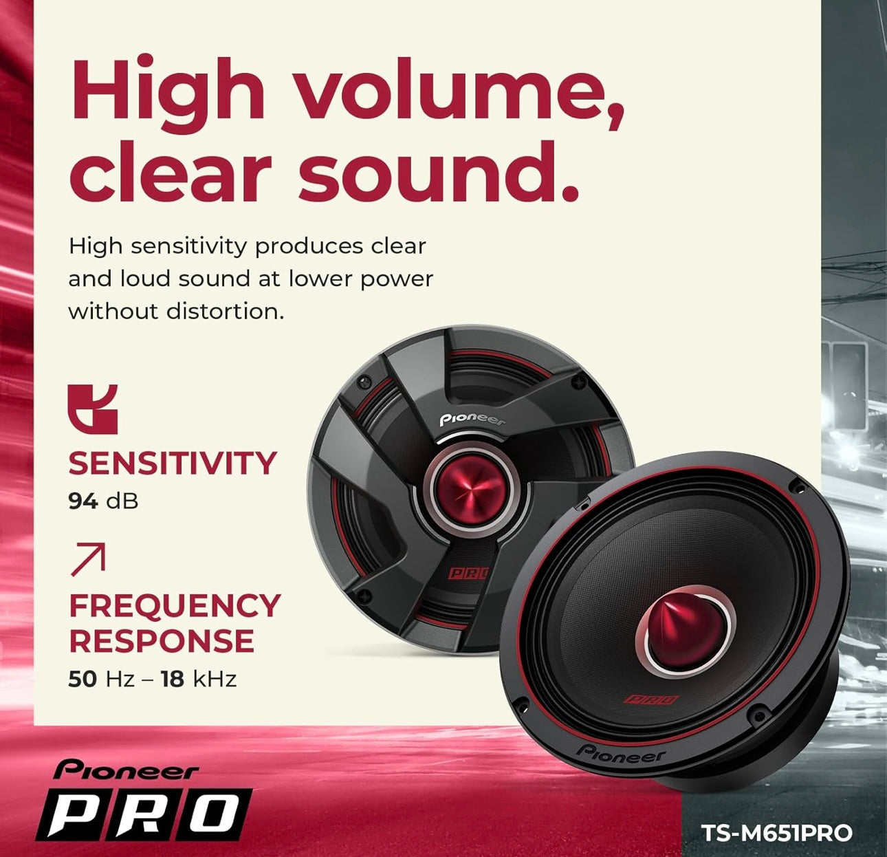 Pioneer TS-M651PRO, Oudio Luidsprekers vir Motors, Volreeks, Helder Klankgehalte, Maklike Installasie en Verbeterde Bassweergawe, 6-1/2” Luidsprekers