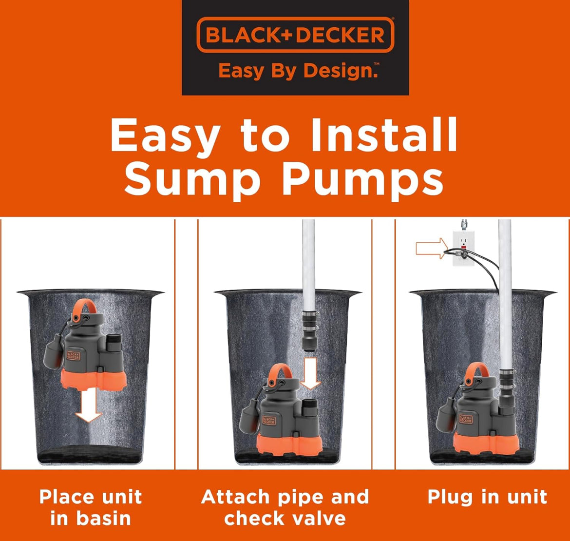 Black+Decker 1/4 HP Dompelbare Opgaarpomp, Pomp tot 2300 GPH
