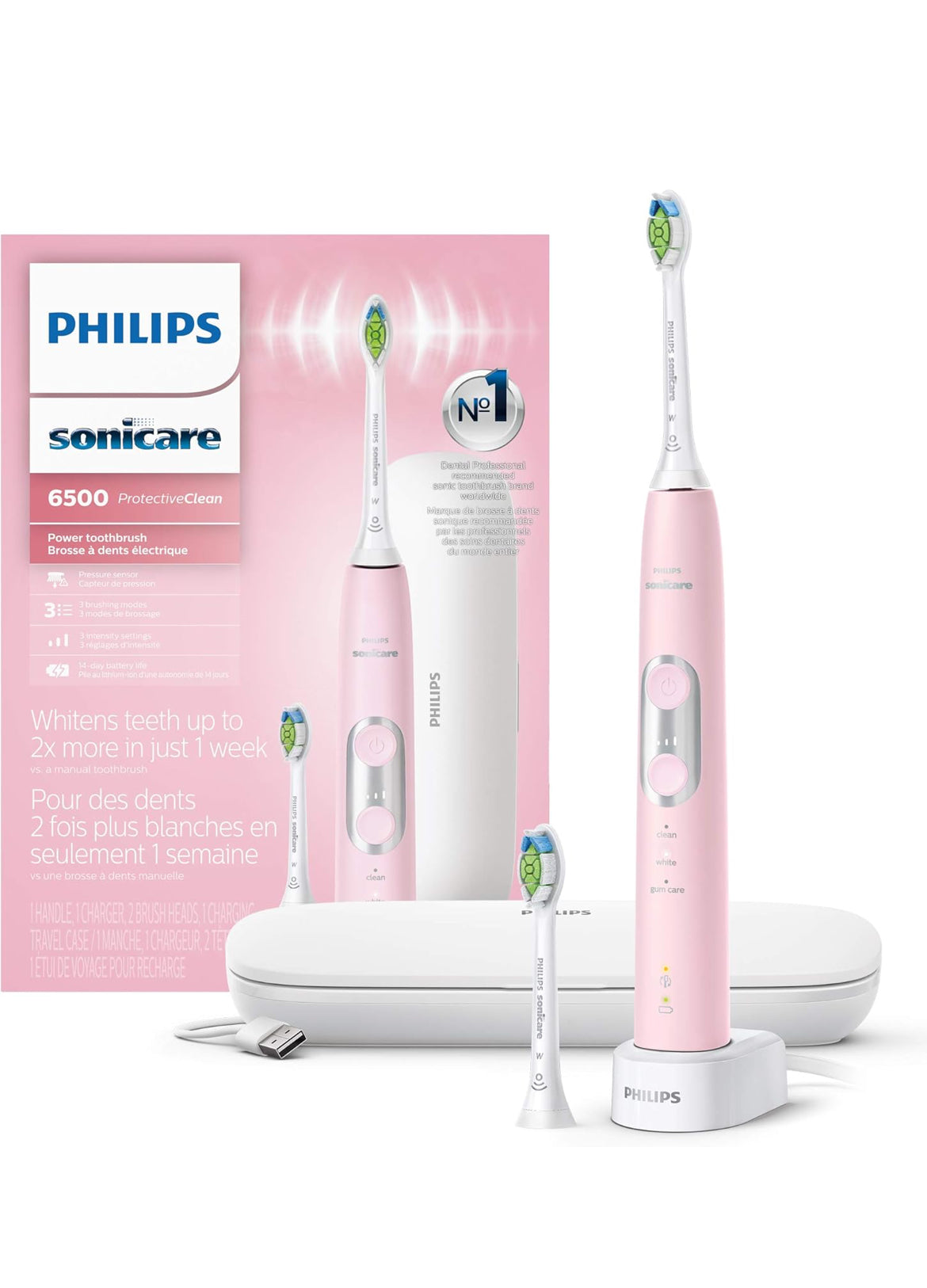 Philips Sonicare ProtectiveClean 6500 Herlaaibare Elektriese Tandeborsel, met Druksensor, 3 Skoonmaakmodusse, SmarTimer en QuadPacer, 14 Dae Batterylewe, Laai-reistas, Pienk, HX6462/06