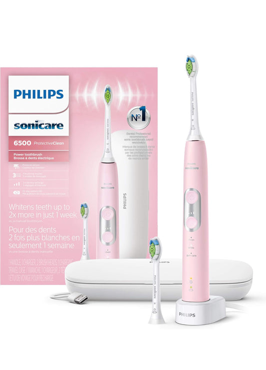 Philips Sonicare ProtectiveClean 6500 Herlaaibare Elektriese Tandeborsel, met Druksensor, 3 Skoonmaakmodusse, SmarTimer en QuadPacer, 14 Dae Batterylewe, Laai-reistas, Pienk, HX6462/06