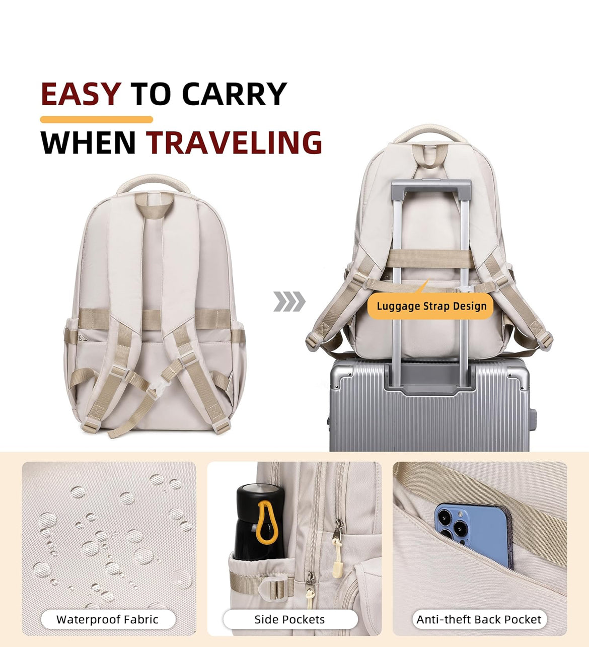 College Backpack, Travel Laptop Backpacks, Large Kids School Bag for Teens Girls Boys Students Bookbag Fit for 15.6 Inch Computer Waterproof Business Work Back Pack for Women Men Daypack Beige
