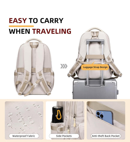 College Backpack, Travel Laptop Backpacks, Large Kids School Bag for Teens Girls Boys Students Bookbag Fit for 15.6 Inch Computer Waterproof Business Work Back Pack for Women Men Daypack Beige