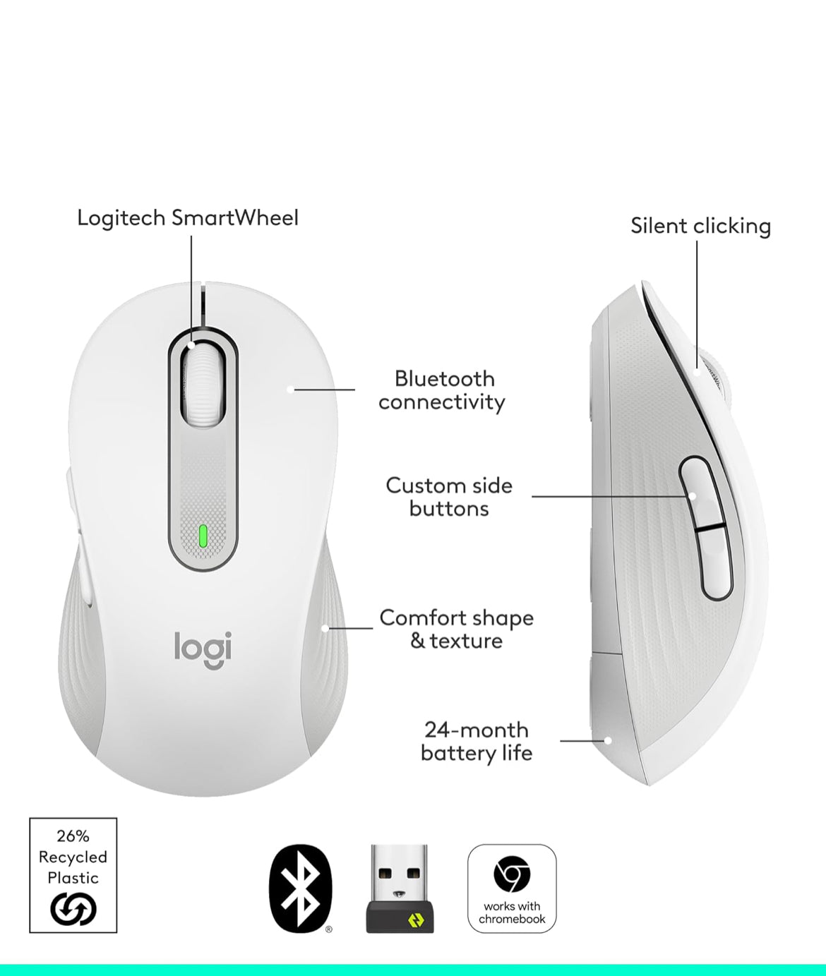 Logitech Wireless Muis Signature M650 L Volgrootte - Groot Hande, Stil Kliek, Aanpasbare Knoppies, Bluetooth, rekenaar/Mac/Chromebook - Off-White, Regshandig, Groot