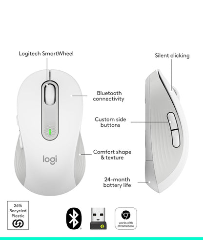 Logitech Wireless Muis Signature M650 L Volgrootte - Groot Hande, Stil Kliek, Aanpasbare Knoppies, Bluetooth, rekenaar/Mac/Chromebook - Off-White, Regshandig, Groot