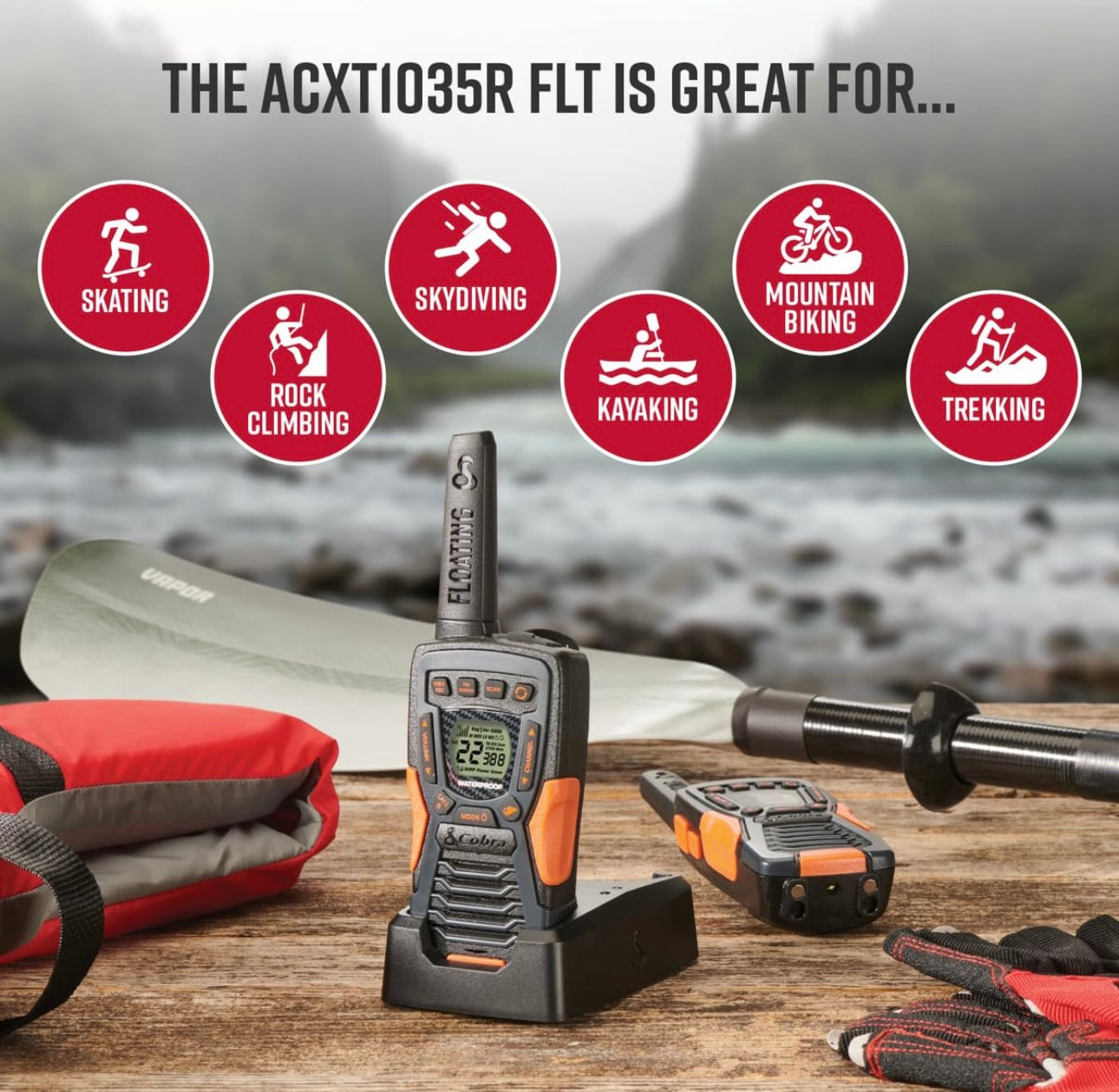 Cobra ACXT1035R FLT Drywende Walkie Talkies - Waterdig, Herlaaibaar, Lang Reeksafstand tot 37 Myl Twee-rigting Radio met NOAA Weerwaarskuwing & VOX, (2 Pak)