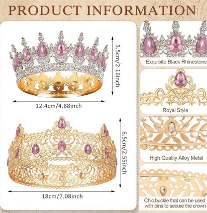 2 Stuks Prom Koning en Koningin Kroone vir Mans Vroue Koning Koningin Kroone Tiara met Strass vir Trou Verjaarsdag Grad (Pienk Goud, Pienk Styl)