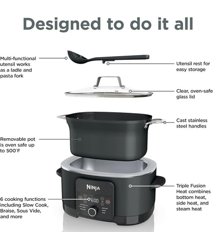 Ninja MC1010 Foodi PossibleCooker PLUS - Sous Vide & Rysrys 6-in-1 Multikoker, met 8.5 Liter, Stadige Koker, Nederlandse Oond & Meer, Glasdeksel & Geïntegreerde Lepel, Kleefvry, Oondvaste Pot tot 260°C, Swart