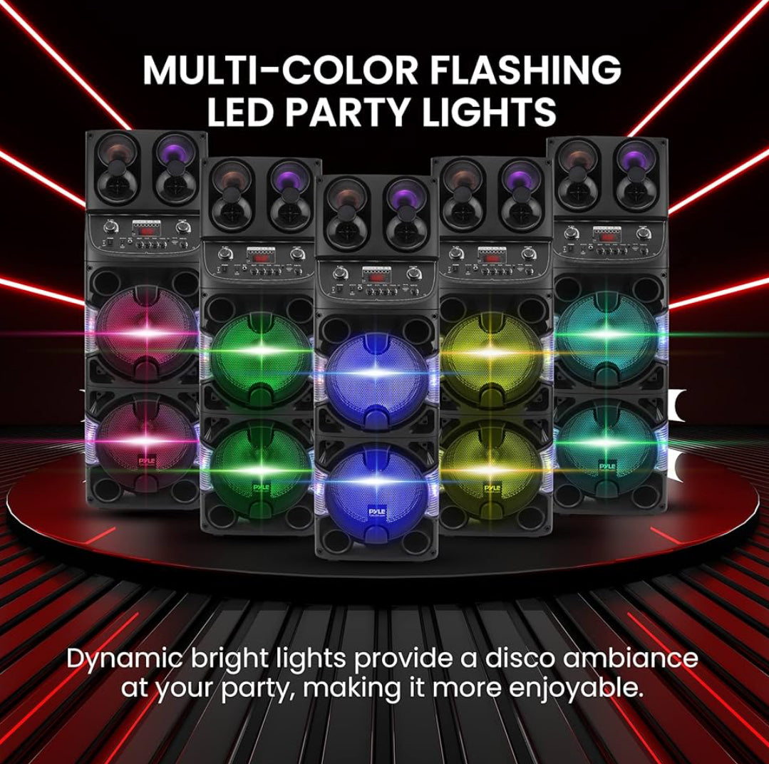 Portable Bluetooth 600W Dual 10” Rechargeable Indoor/Outdoor BT Karaoke Audio System -LED Display, FM/AUX/MP3/USB/SD, 1/4" in, Handle, Wheels -Wireless Mic, Remote Control