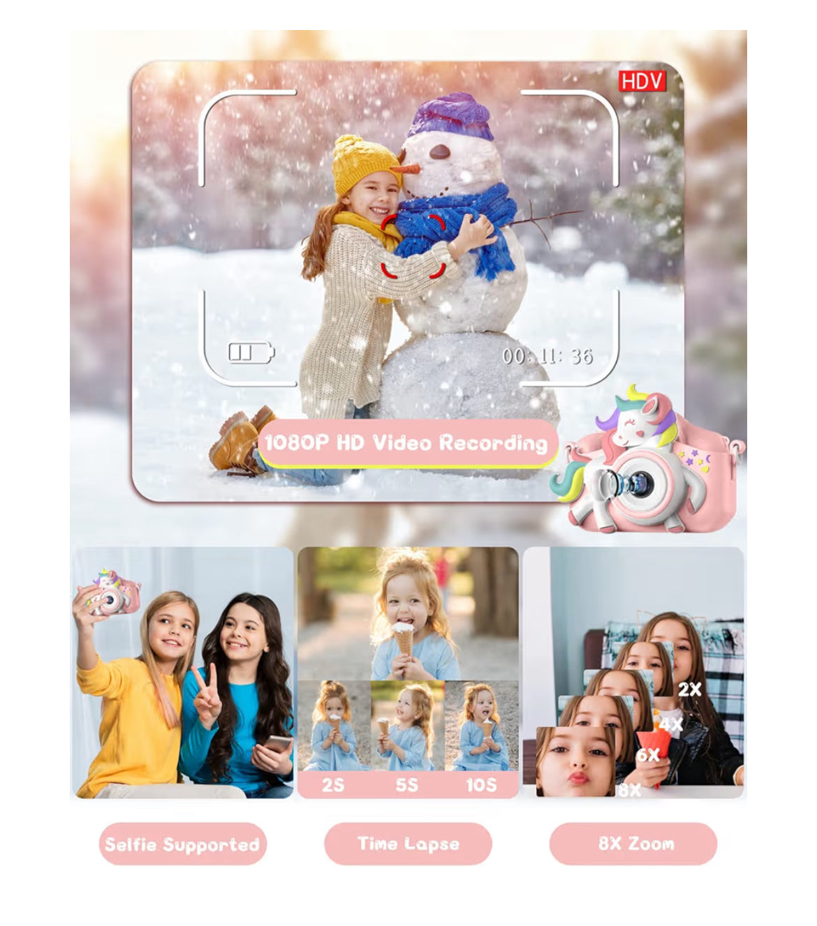 Kids Selfie Camera 20 MP HD 1080P IPS Screen Dual Digital Toy w/ 32Gb Card - (White/Pink)