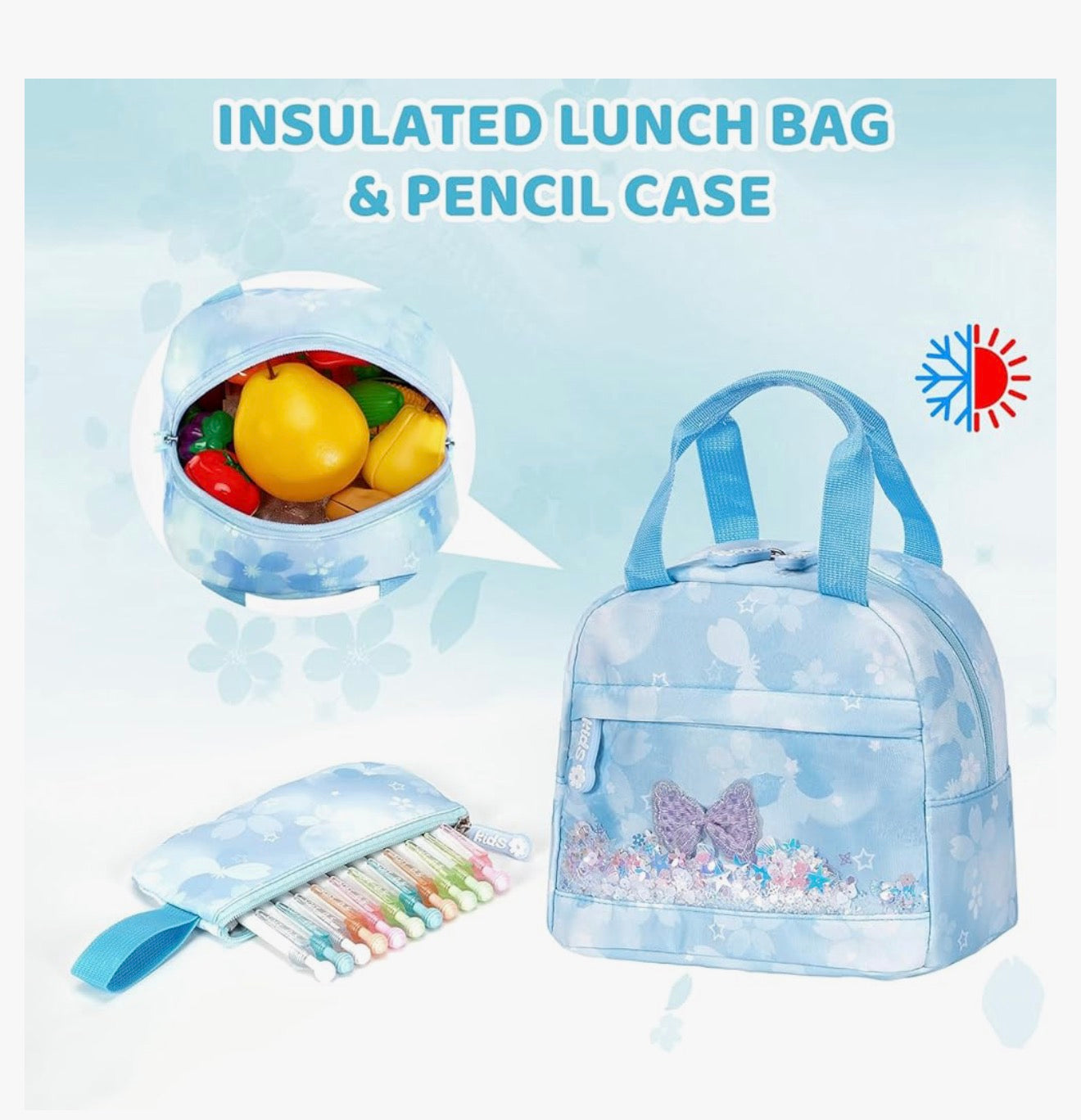 Kindersstelle Rugsak 17" vir Meisies, Spotprent Skooltas vir Laerskool Middelbare Skool Studente Boektas met Kosblik & Potloodsakkie - (Blou)