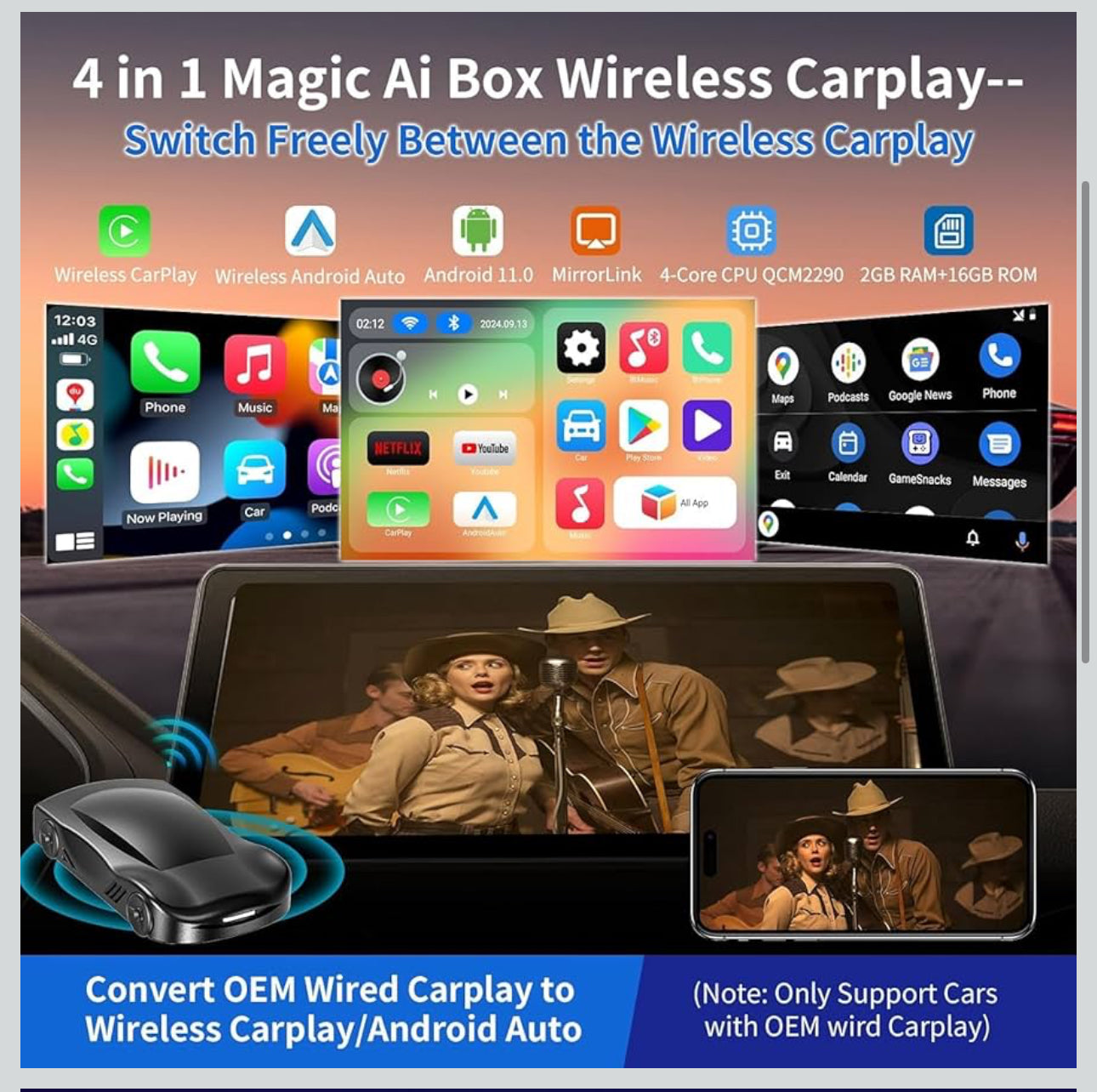 New Wireless Carplay & Android Auto Adapter with Netflix YouTube TikTok, CarPlay Wireless Adapter for Cars with OEM Wired CarPlay