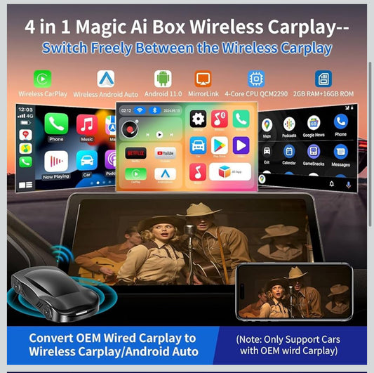 New Wireless Carplay & Android Auto Adapter with Netflix YouTube TikTok, CarPlay Wireless Adapter for Cars with OEM Wired CarPlay