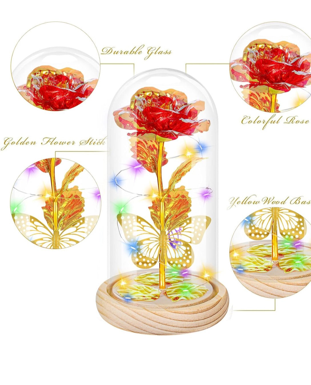 Red Timeless Crystal Rose w/ Butterfly - Illuminated Dome Glass - Special Occasion/Gifts