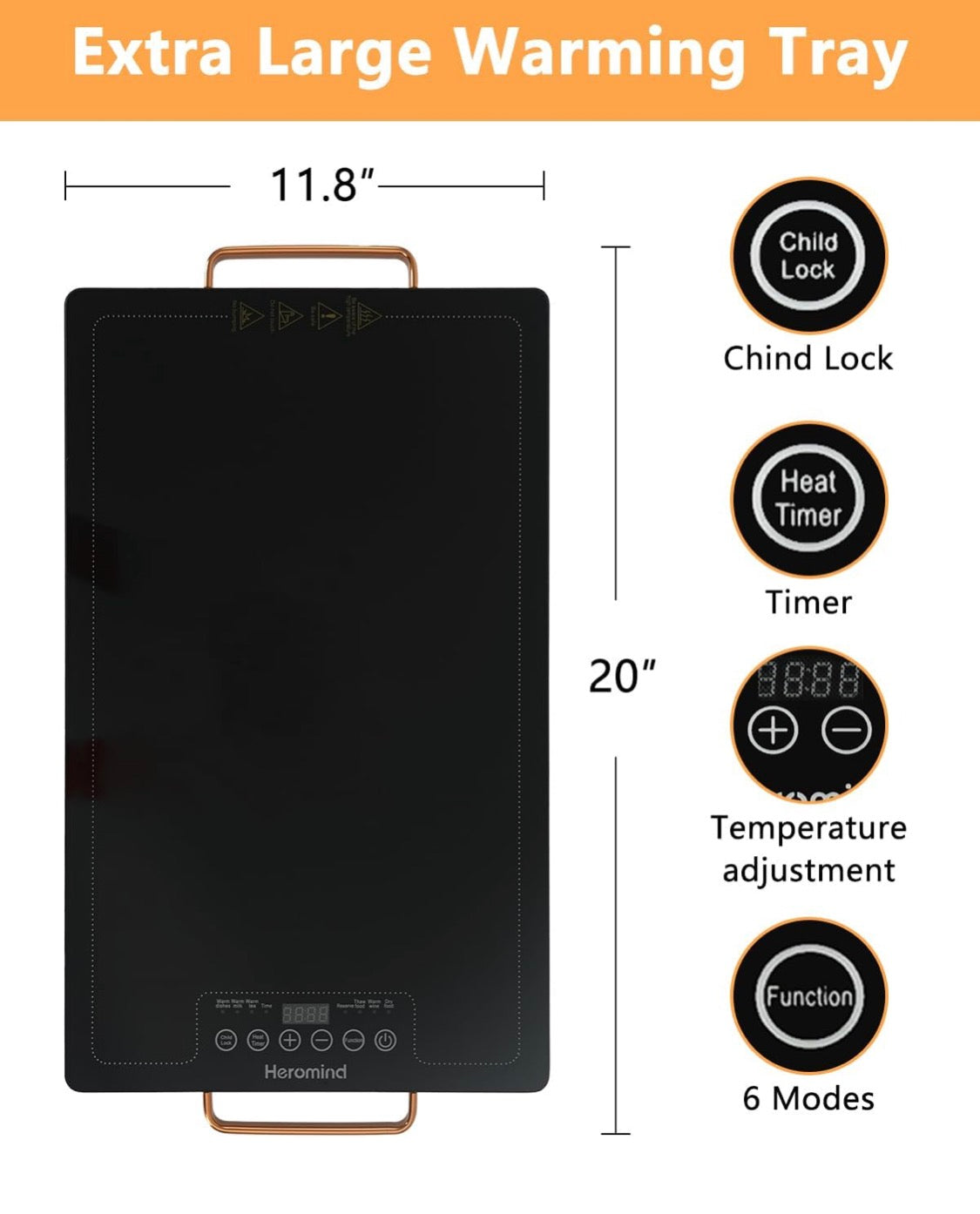 Electric Warming Tray 20 x 12", Glass-Top Full-Surface Heating Food Warmer w/ Adjustable Temperature & Timer