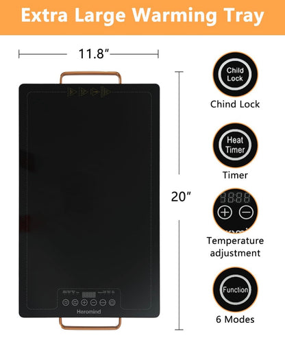 Electric Warming Tray 20 x 12", Glass-Top Full-Surface Heating Food Warmer w/ Adjustable Temperature & Timer