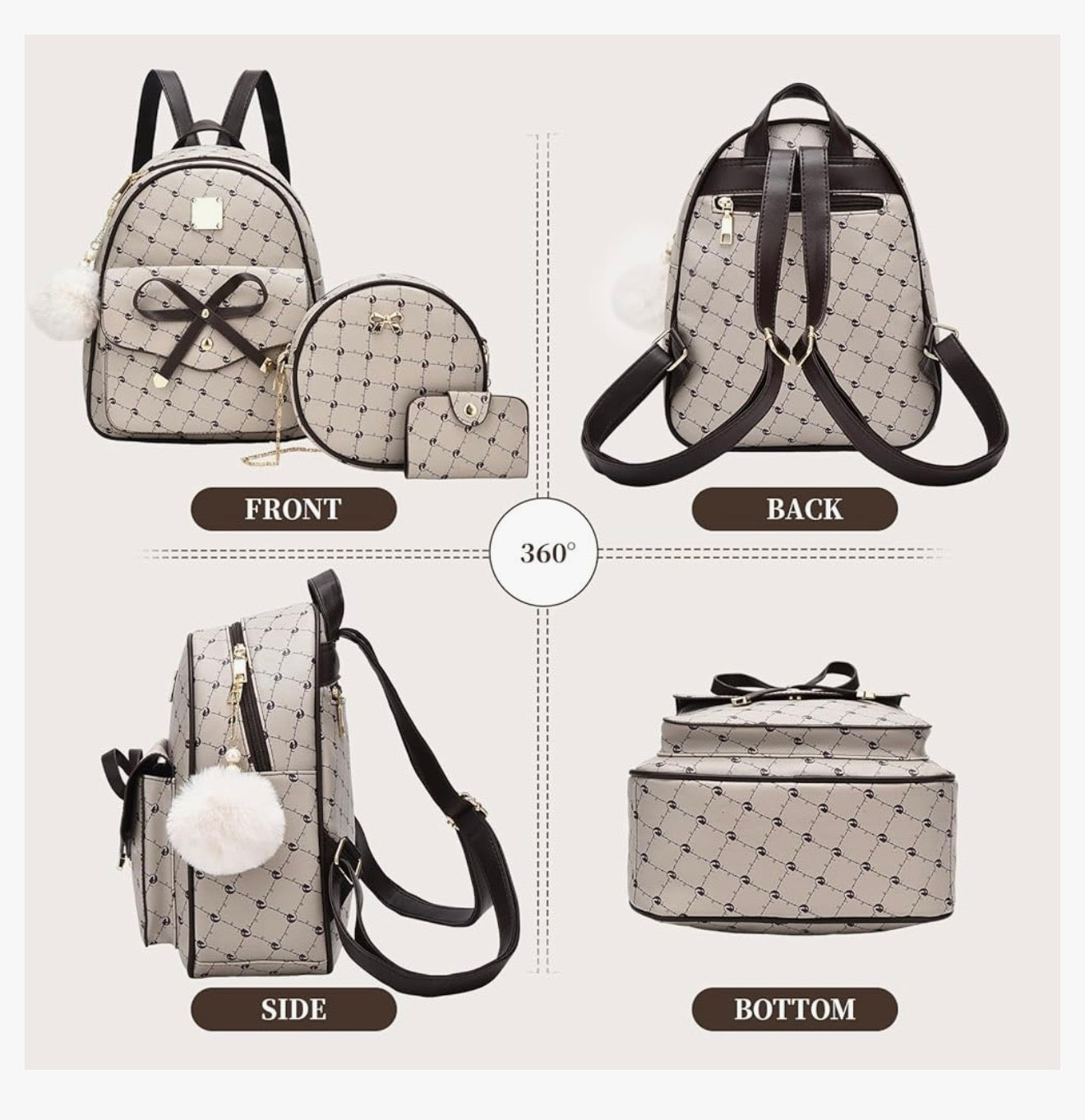 iGirls Strikkie 3-Stukke Mode Leer Rugsak Rugsakhandsak vir Dames Rucksack vir Dames Skouersak - (Koffie)