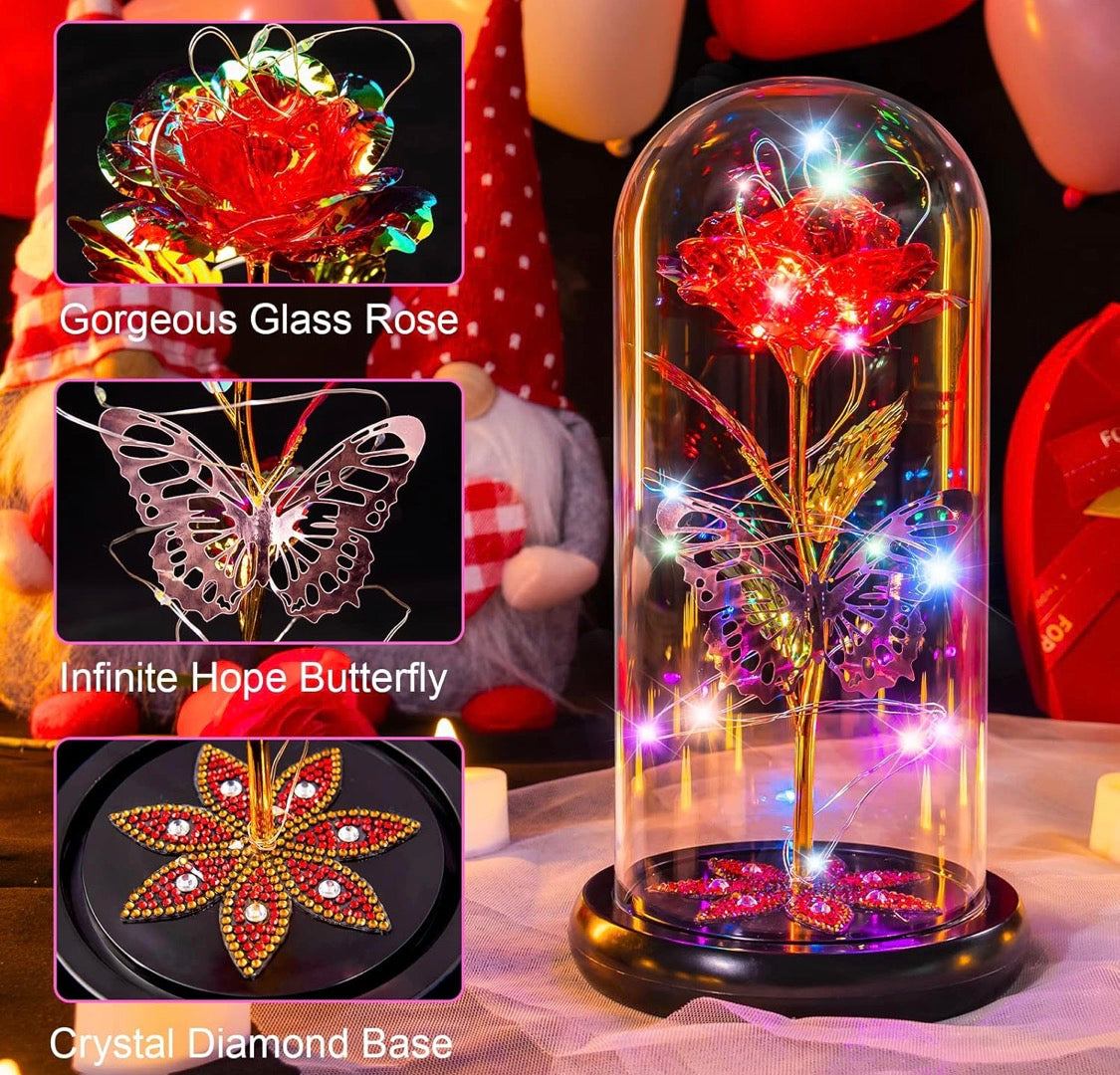 Red - Preserved Crystal Roses in Glass Dome LED Lights w/ Butterfly