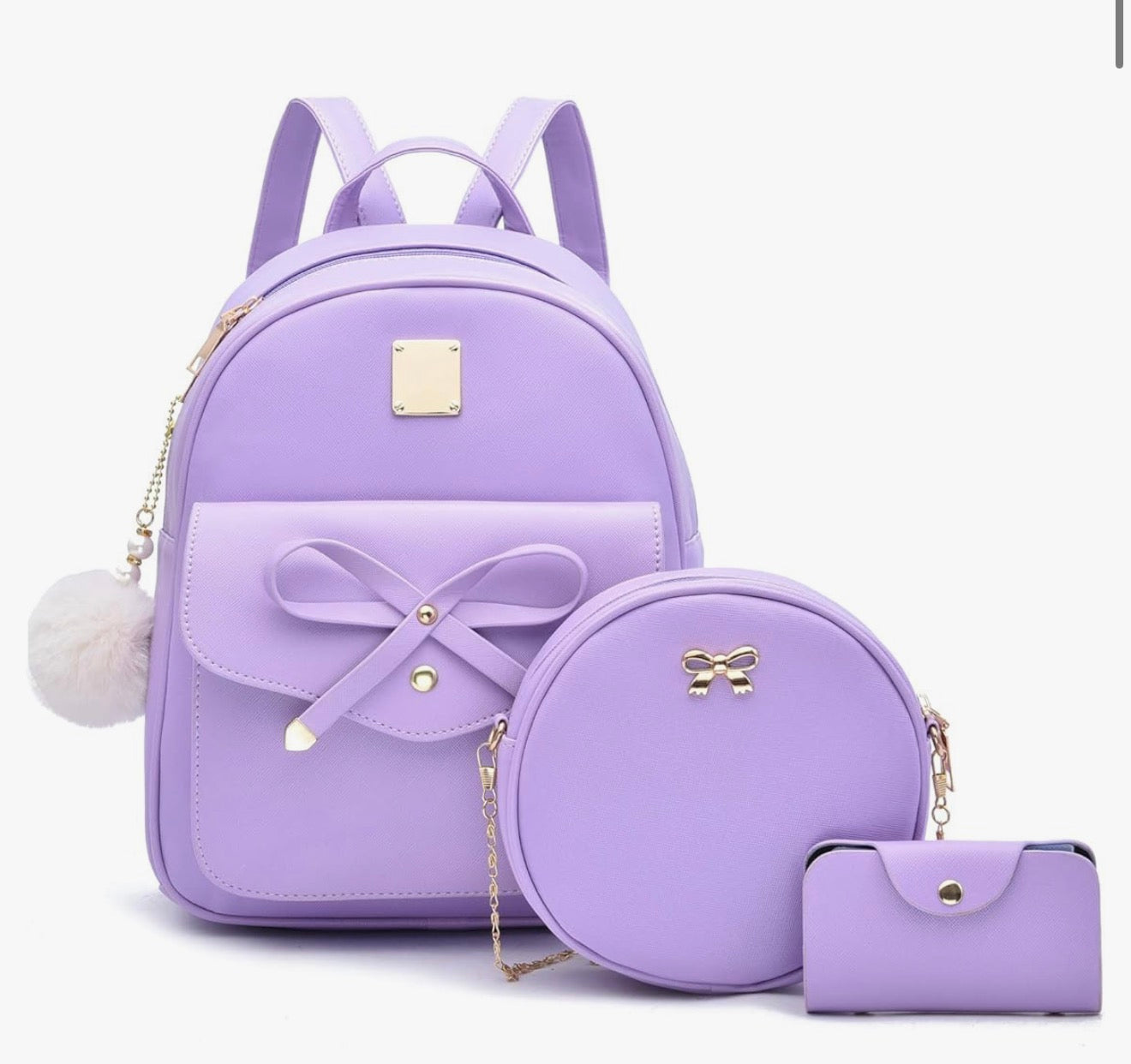 iGirls Strikkie 3-Stukke Mode Leer Rugsak Rugsakhandsak vir Vroue, Rucksack vir Dames Skouersak - (Pers)