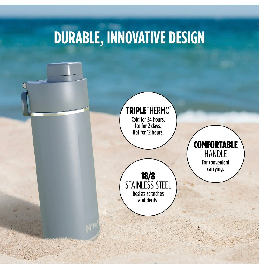 Ninja Travel Water Bottle (24 oz) Stainless Steel Tumbler for Carbonated Drinks (Gray)