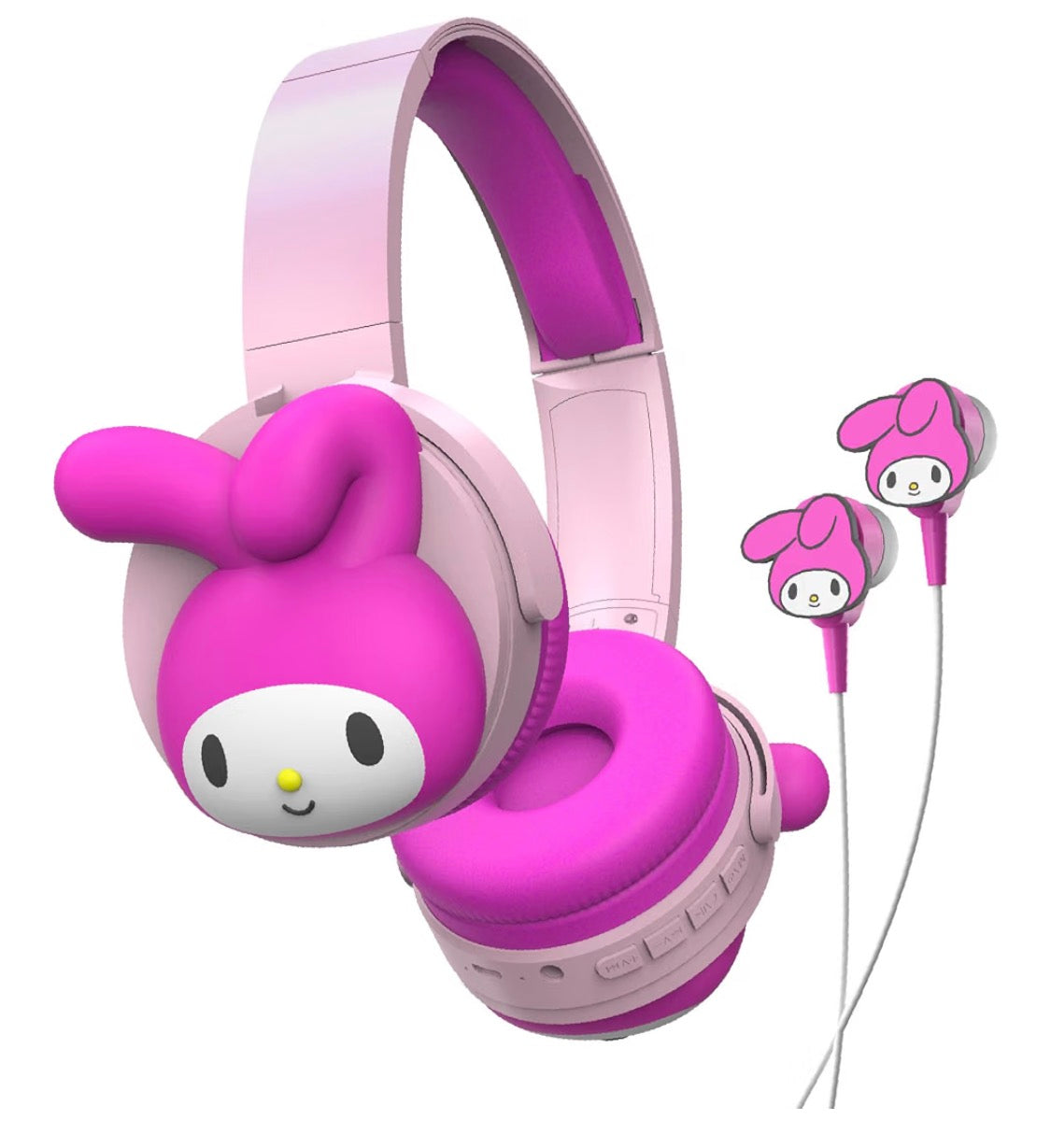 Hello Kitty 2-in-1 Wireless Bluetooth Headphones with Wired Earbuds – Foldable Over-Ear Headset with Built-in Mic, AUX Cable, Adjustable Headband, and Onboard Controls – My Melody