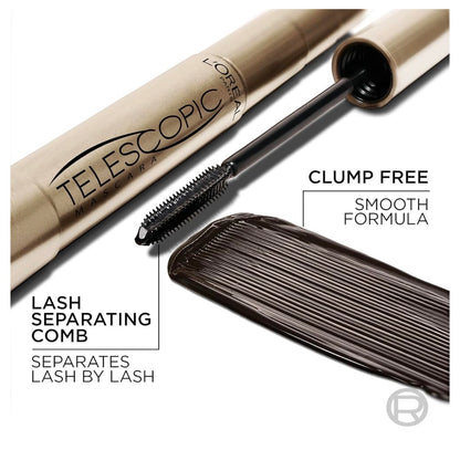 L’Oreal Paris Grimering Oorspronklike Telescopic Mascara, Skeidende Mascara Volume- en Lengteformule, Wasbaar - (Swartste Swart) 0.27 Fl Oz., 1 Tel.