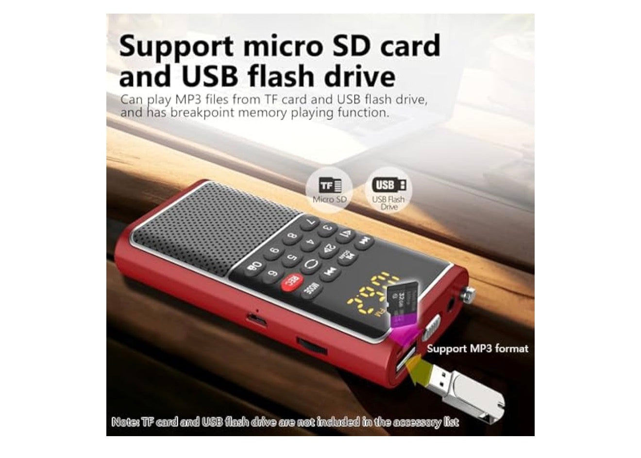 Mini Draagbare FM-radio-USB-speler, TF/SD-kaart/USB-gleufondersteuning Mp3-speelopname, Sak-Walkman Klein radio met sluitsleutel, Polsband, Herlaaibare battery-aangedrewe, Uitstekende ontvangs en klank - (Rooi)
