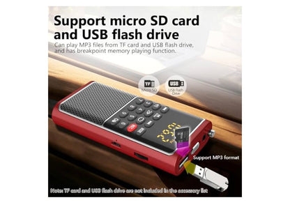 Mini Draagbare FM-radio-USB-speler, TF/SD-kaart/USB-gleufondersteuning Mp3-speelopname, Sak-Walkman Klein radio met sluitsleutel, Polsband, Herlaaibare battery-aangedrewe, Uitstekende ontvangs en klank - (Rooi)