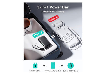3-in-1 Portable Charger 30W Fast Charging Portable Charger w/ Built-in Cable & AC Wall Plug 10000mAh, Small, Fast Charging, Built-in USB C Cable - (Black)