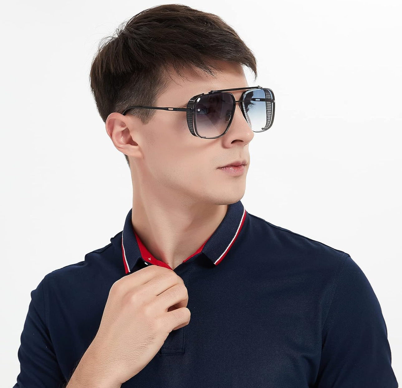 UNISEX Oorgroot Vierkantige Vlieënier Gradiënt-Sonbril C7 Swart Raam/Gradiënt – Blou Lense