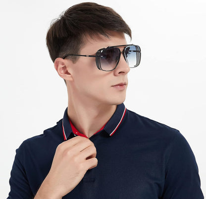 UNISEX Oorgroot Vierkantige Vlieënier Gradiënt-Sonbril C7 Swart Raam/Gradiënt – Blou Lense