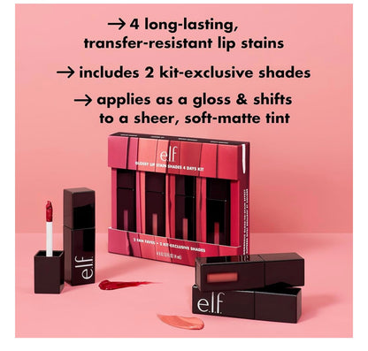 e.l.f. Glossy Lip Stain Shades 4 Days Kit, Langdurige Lipstiffies Vir 'n Deurskynende Skakering Kleur & Subtiele Glansafwerking - Vegan & Wreedheidvry (4 Skakerings)