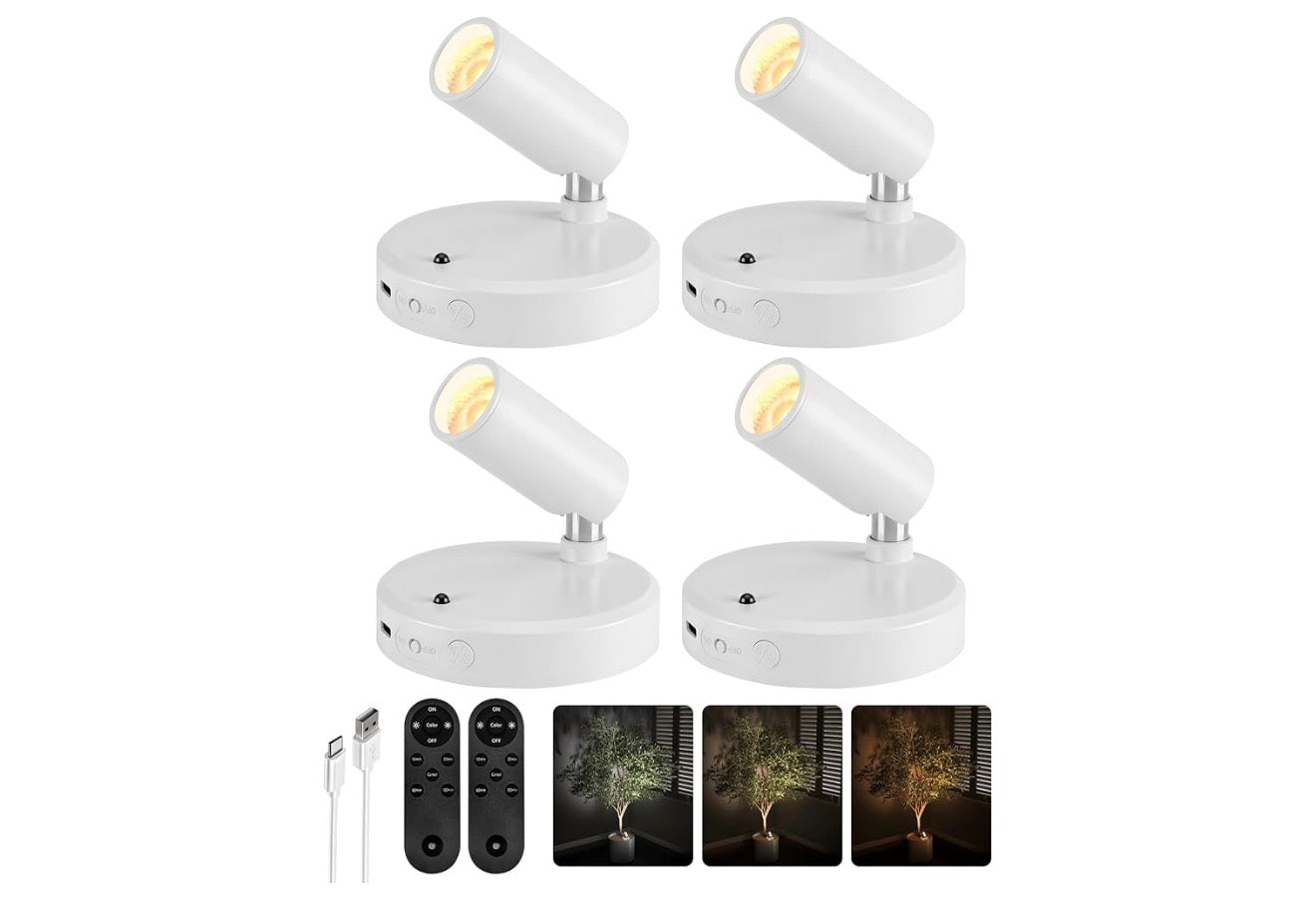 SpotLights Indoor, 5500mAh Rechargeable Plant with Remote, Wireless Mini Art Accent Light with Timer & Dimmable, Uplights (4PK - White)