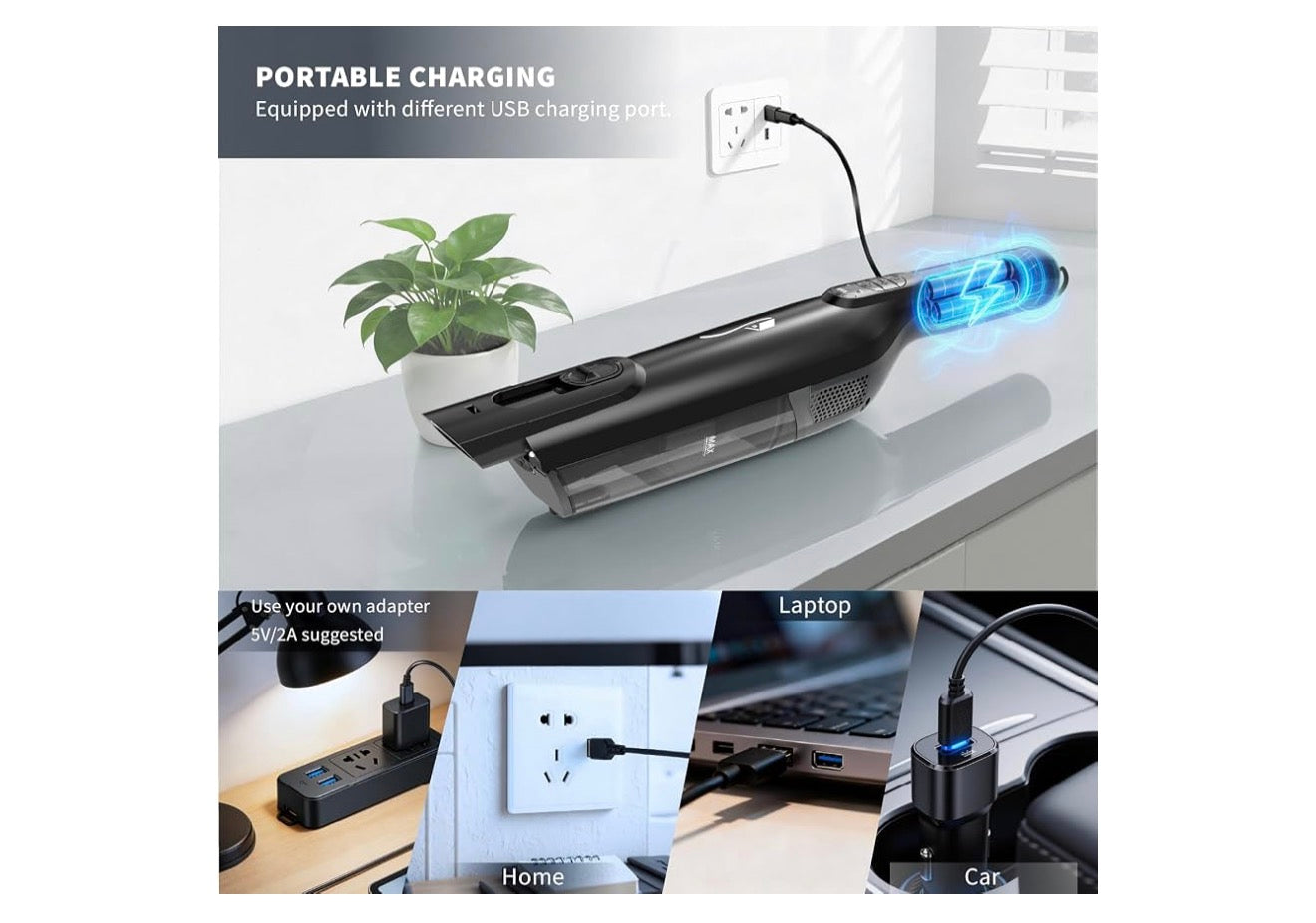Koordlose Handstofsuier, Liggewig Draagbare Handstofsuier met LED-lig, Herlaaibare Handstofsuier met Een-druk-leegmaakfunksie, Kragtige Suigkrag vir Kantoor, Huis, Motor, Raven